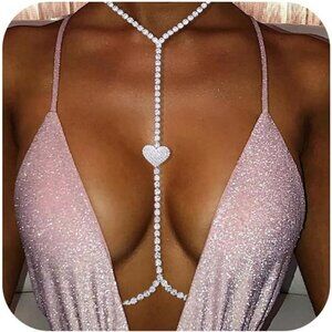 14K Heart Diamond Plated Body Chain Women Layered Rhinestone Bikini Bra Jewelry